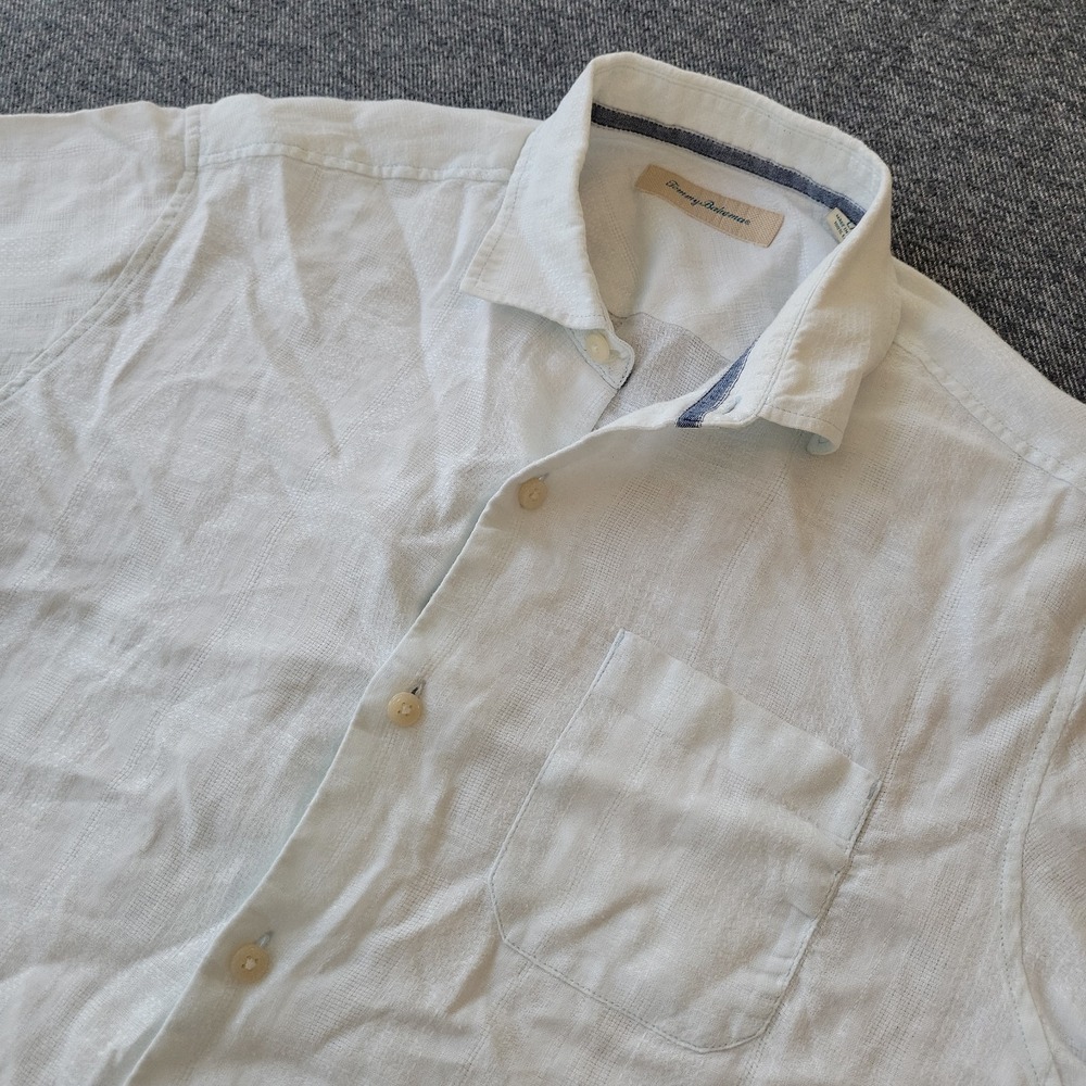 Tommy Bahama Shirt Men's Large Linen Blue Woven Short Sleeve Button-Up